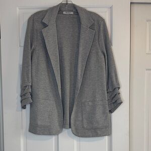 Bailey 44 Gray Open-Front Sweater Blazer with Ruched 3/4 Sleeves